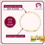 14K Yellow Gold ID Bracelet Figaro Chain Diamond Accent 0.01 ct 5.5" Italy for Boys and Girls