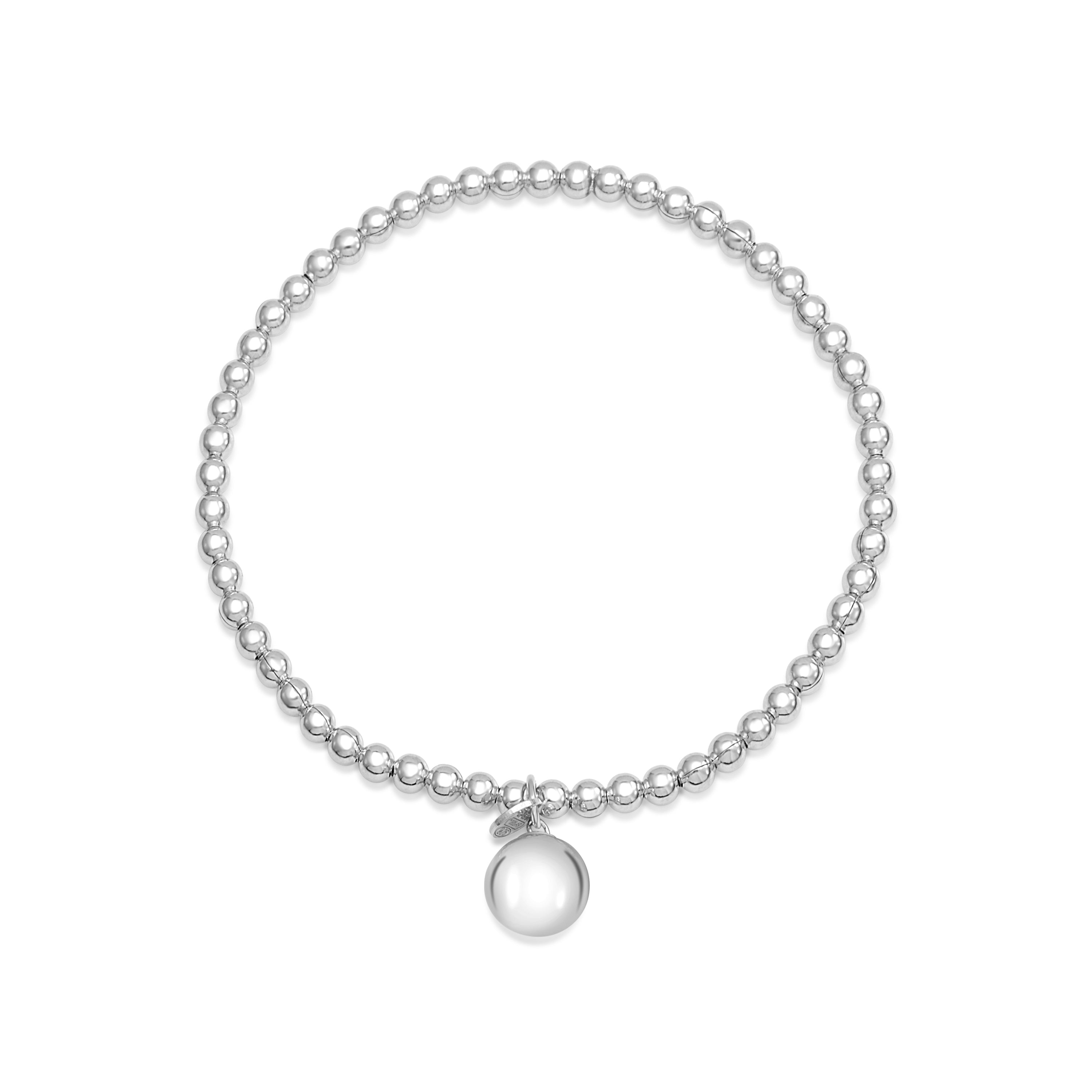 Sterling Silver 925 Polished Bead Stretch Bracelet with Ball Accent Charm