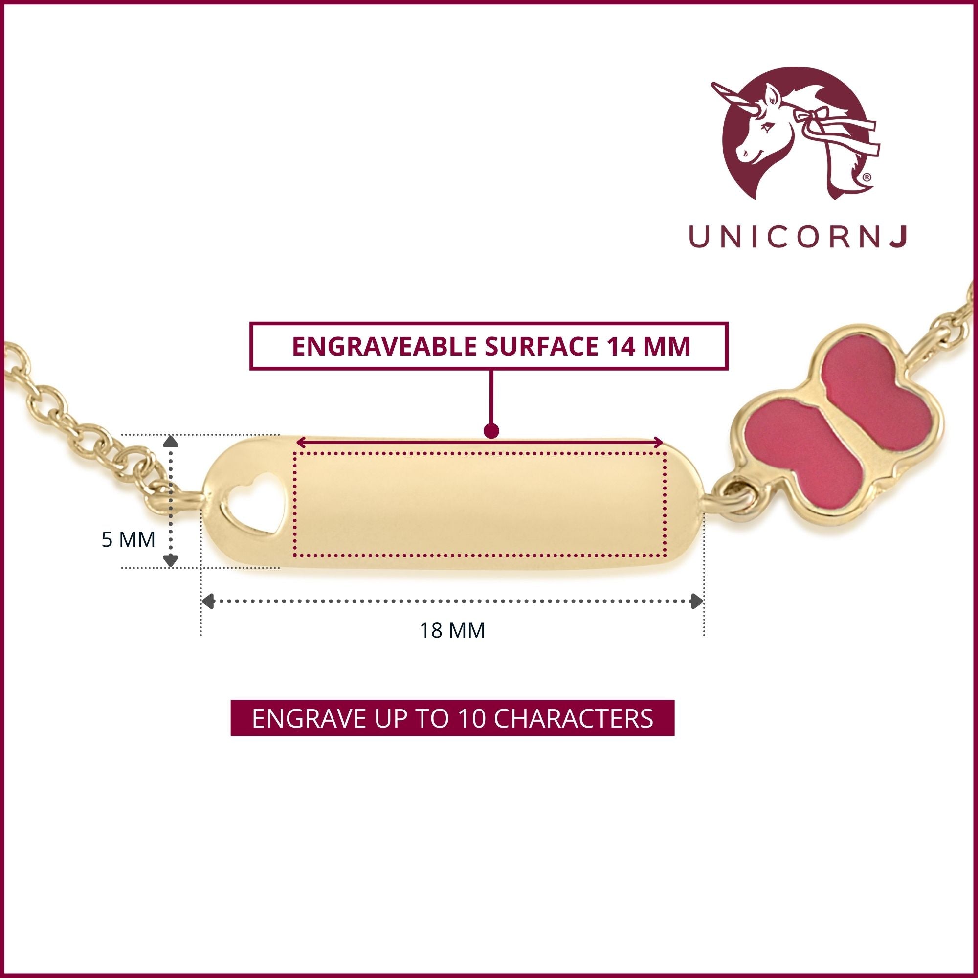 UNICORNJ 14K Yellow Gold Childrens ID Bracelet with Butterfly Charm Red Enamel 5.5" Italy