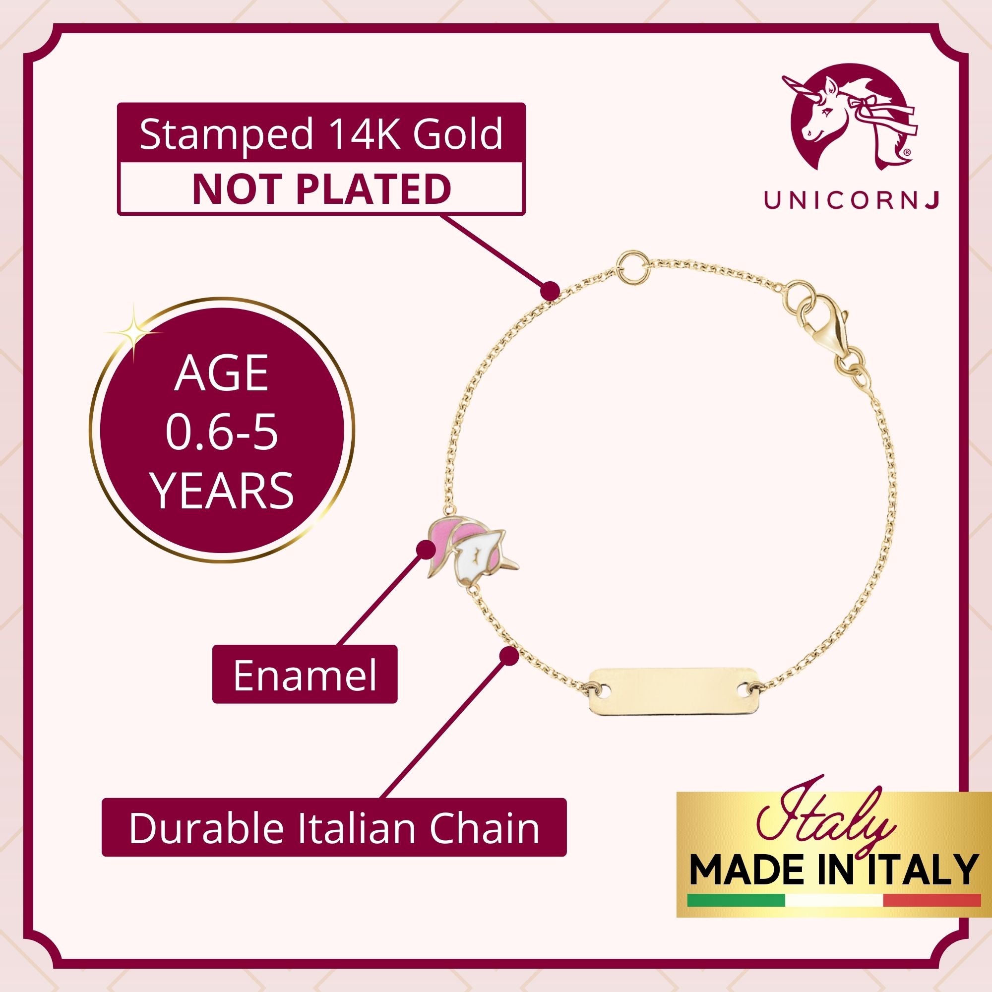 14K Yellow Gold Kids Girls ID Bracelet Cute Unicorn Charm with Pink Enamel Italy