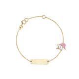 14K Yellow Gold Kids Girls ID Bracelet Cute Unicorn Charm with Pink Enamel Italy