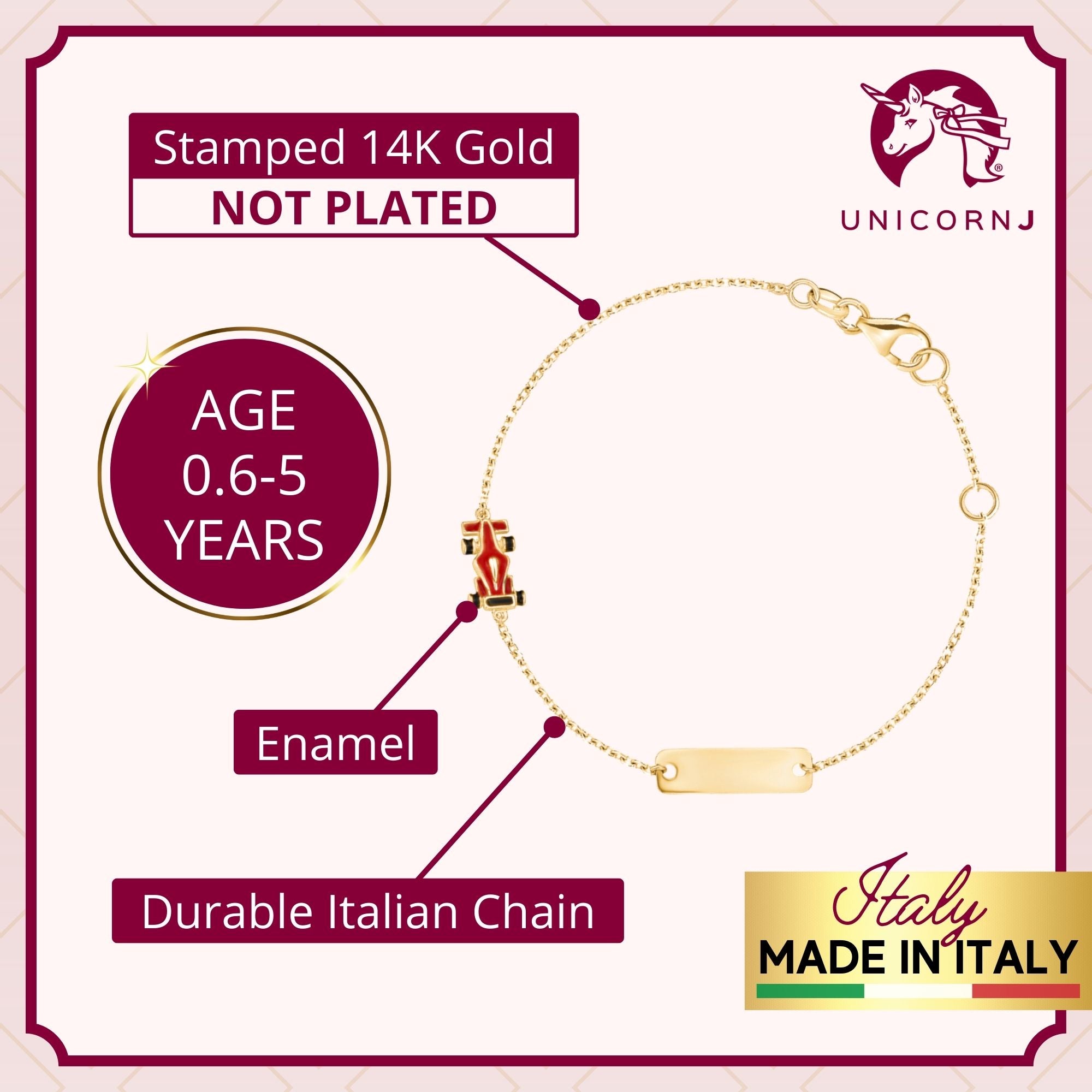14K Yellow Gold Kids Girls Boys ID Bracelet Racing Car Charm Red Enamel Italy 5.5"