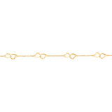 14K Yellow Gold Asymmetrical Hearts Bracelet Polished Open Linked Italy 7"
