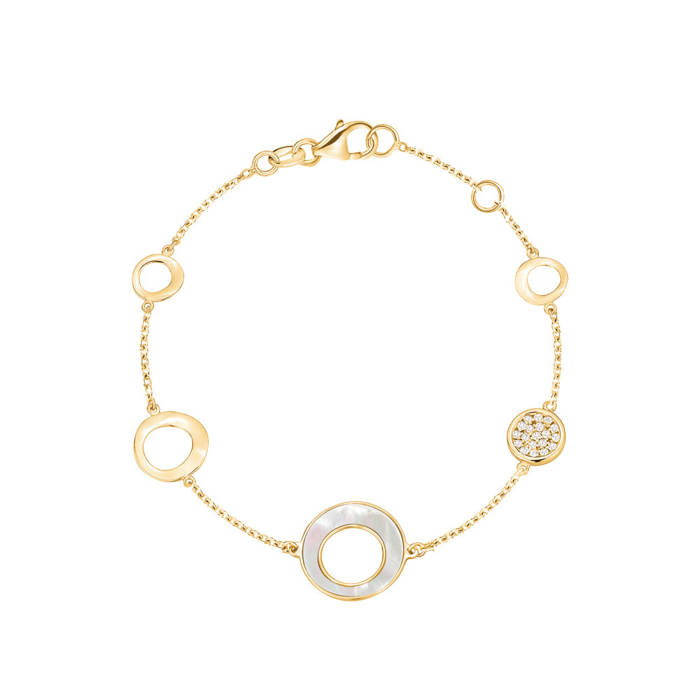 14K Yelow Gold Round Circle Disc Bracelet with Mother of Pearl and Simulated Diamonds Italy 7"