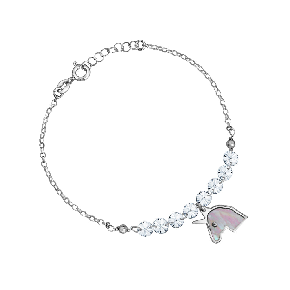 Sterling Silver Unicorn Bracelet with Mother of Pearl Inlay and Diamond Crystals 7.5