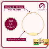 14k Gold ID Bracelet Engravable Girls Boys Kids Baby Curb Chain Made in Italy