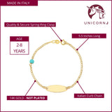 Unicornj 14K Yellow Gold ID Bracelet Boys Girls Bead Accent Curb Chain 5.5" Italy Bowed