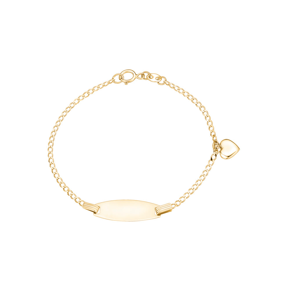 14k Gold ID Bracelet Engravable Girls Boys Kids Baby Gold Heart Charm Curb Chain Made in Italy
