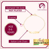 14k Gold ID Bracelet Engravable Girls Boys Kids Baby Gold Heart Charm Curb Chain Made in Italy