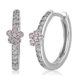 Flower Huggie Earrings in 14k White Gold with CZ Pink or Blue