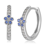 Flower Huggie Earrings in 14k White Gold with CZ Pink or Blue