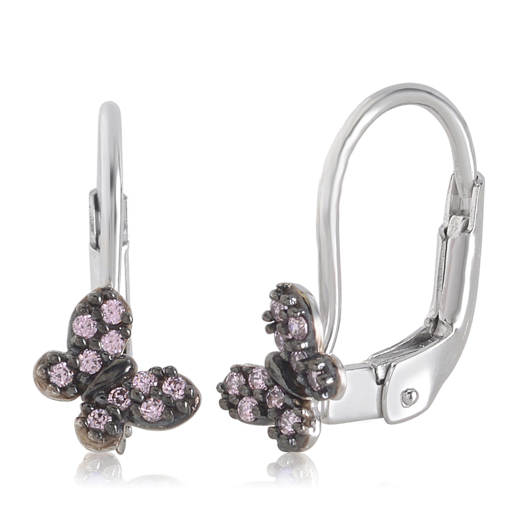 14K White Gold with Pink and Purple Pavé CZ Butterfly Leverback  Earrings with Black Rhodium Finish