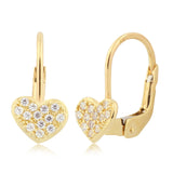 14K Yellow Gold Heart Leverback Earrings with Pavé Simulated Diamonds