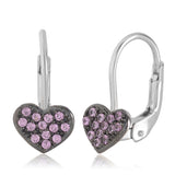14K White Gold with Pink and Purple Pavé CZ Heart Leverback Earrings with Black Rhodium Finish