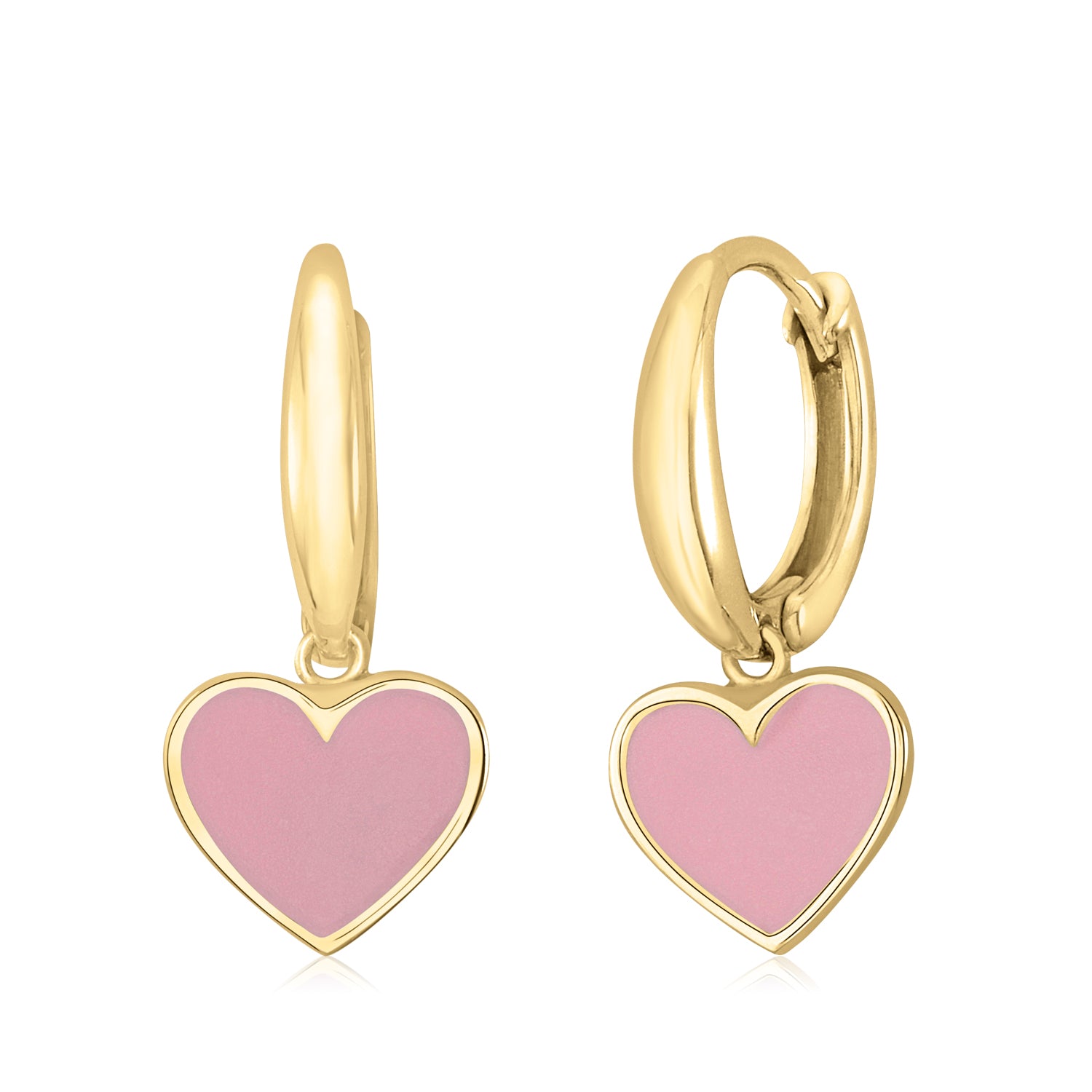 14K White or Yellow Gold Large Heart Dangle Leverback Earrings with Light Blue Light Pink and Dark Pink Enamel