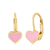14K White or Yellow Gold Small Heart Leverback Earrings with Light Blue or Pink and Dark Pink Enamel