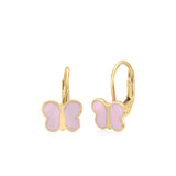 UNICORNJ 14K Yellow Gold Childrens Cute Butterfly Leverback Earrings with Light Pink or Red Enamel Italy