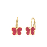 UNICORNJ 14K Yellow Gold Childrens Cute Butterfly Leverback Earrings with Light Pink or Red Enamel Italy