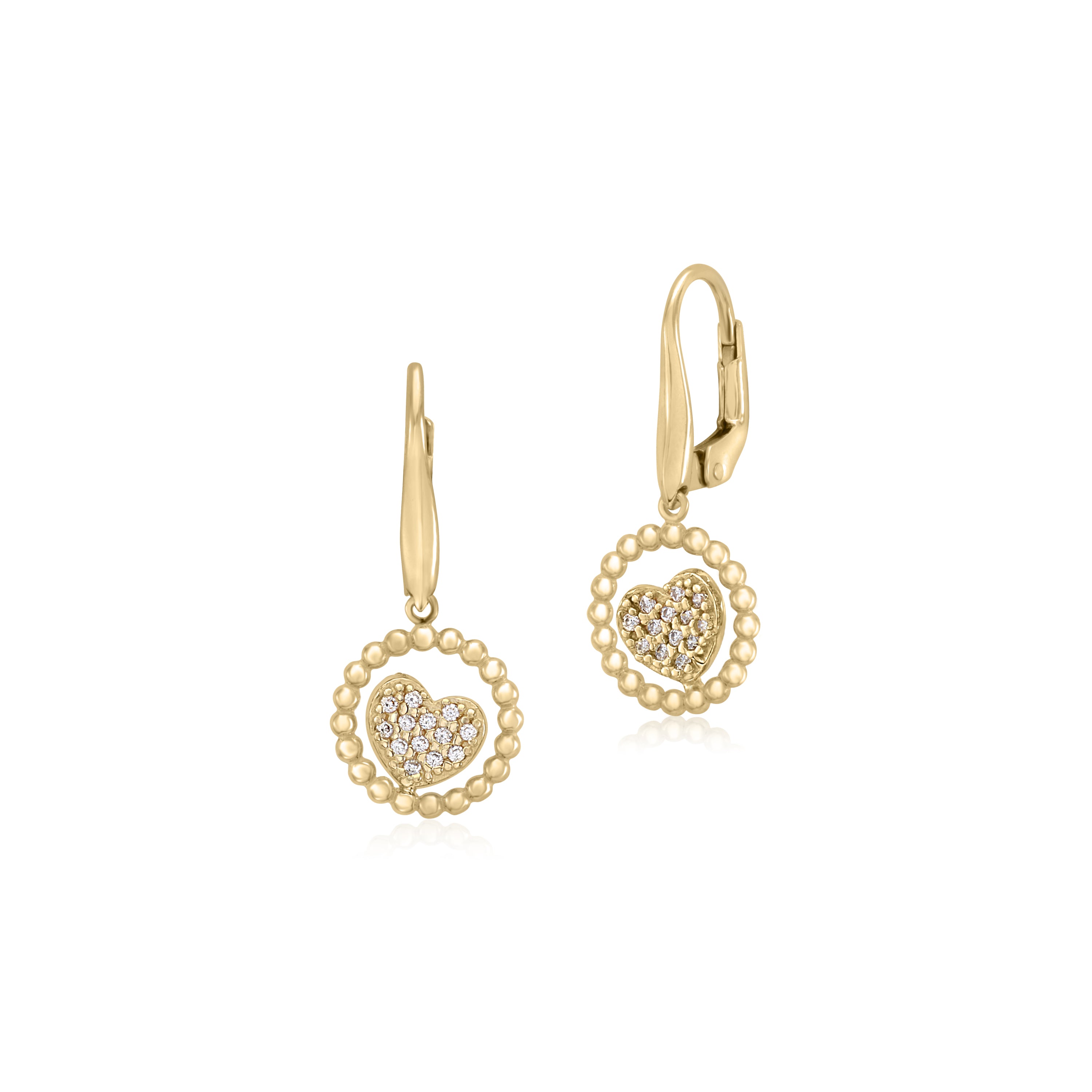 14K Yellow Gold Leverback Earrings Floating Heart Pave CZ in Open Beaded Circle