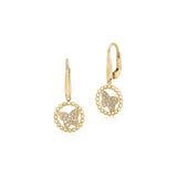 14K Yellow Gold Leverback Earrings Floating Butterfly Pave CZ in Open Beaded Circle