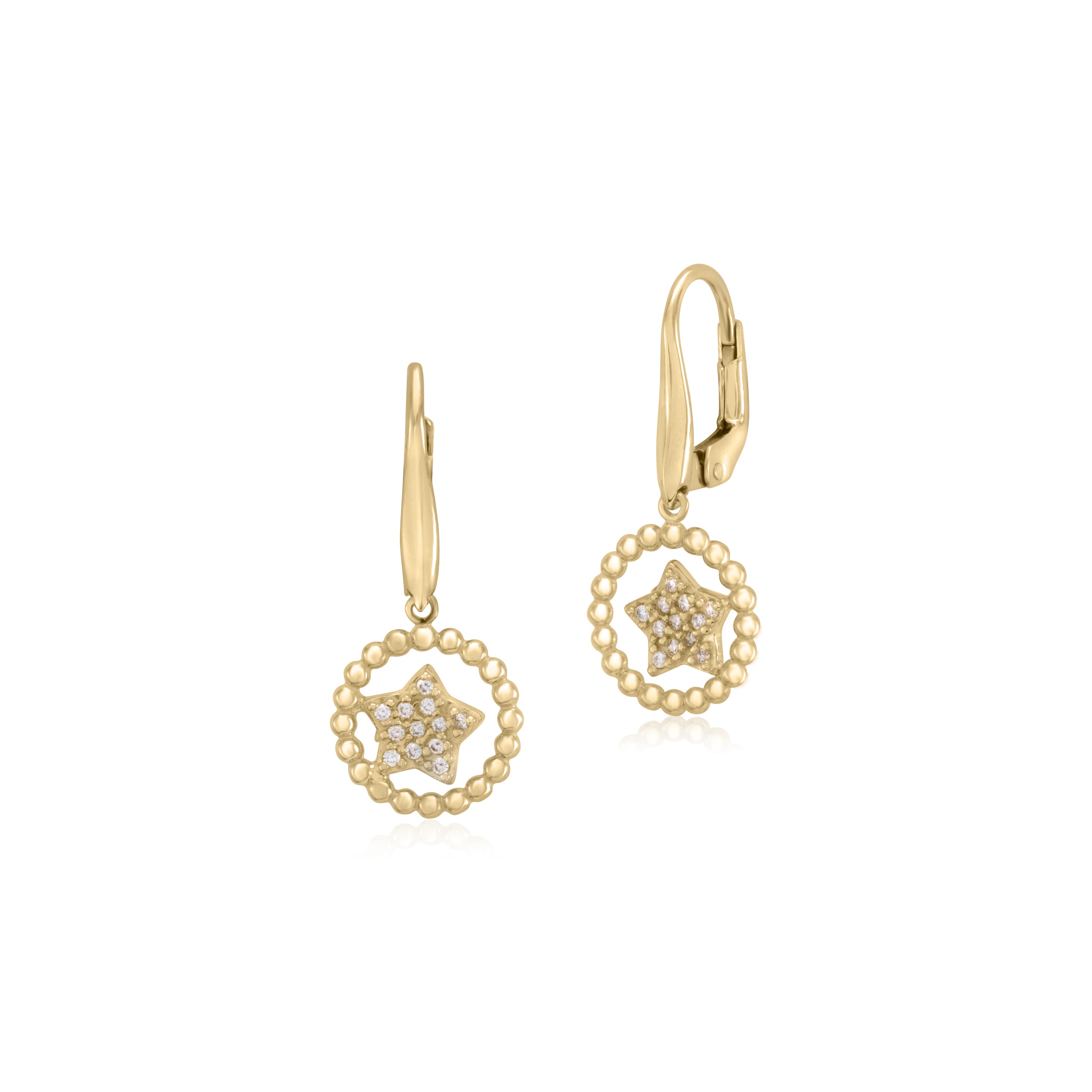 14K Yellow Gold Leverback Earrings Floating Star Pave CZ in Open Beaded Circle