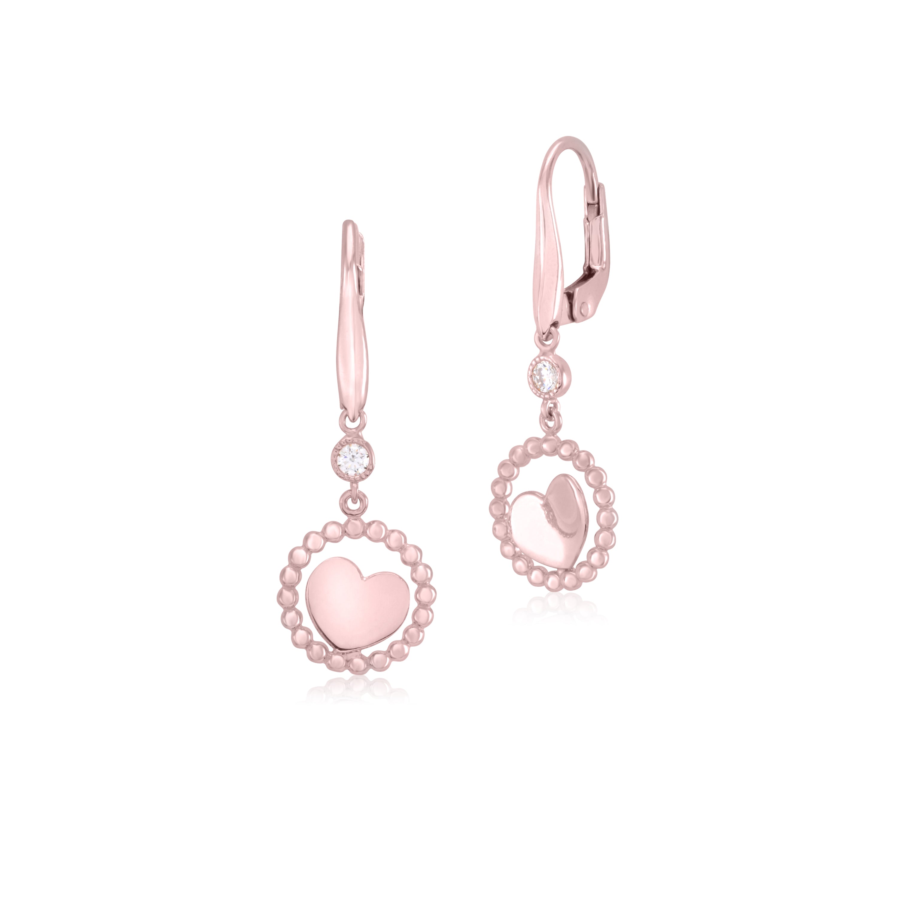 UNICORNJ 14K Rose Gold Double Dangle Leverback Earrings Floating Heart Polished in Open Beaded Circle with CZ Accent Italy