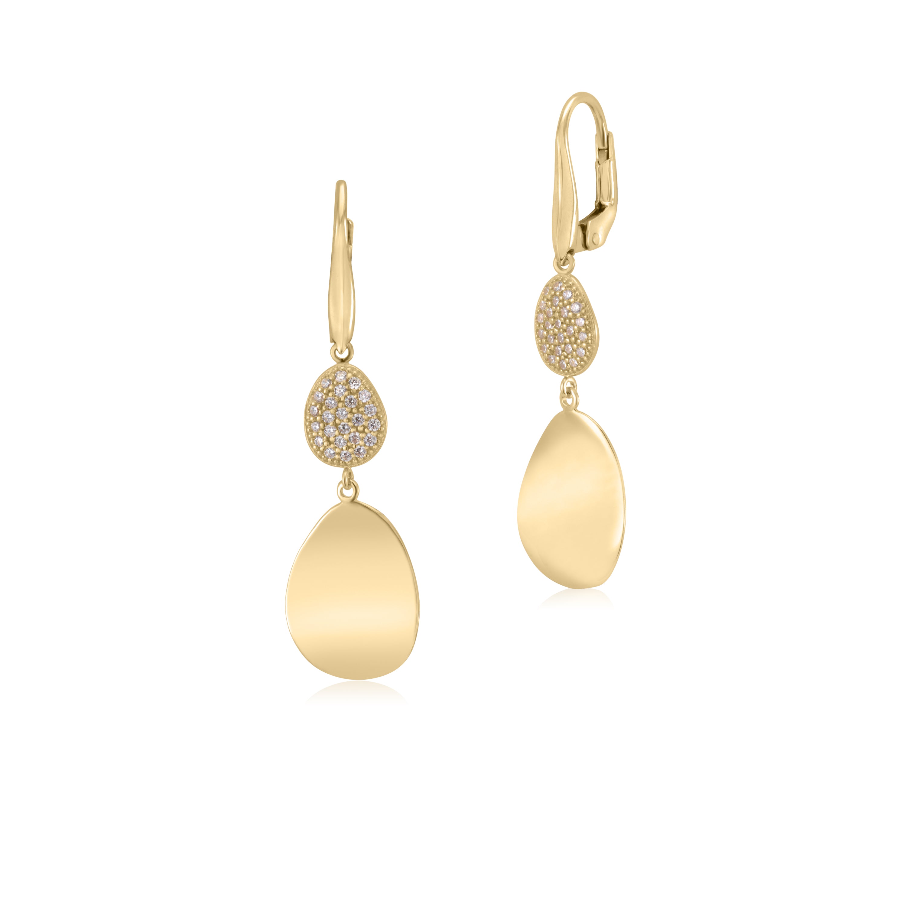 14K Yellow Gold Graduated Double Dangle Teardrop Brushed or Polished and Pave CZ Leverback Earrings