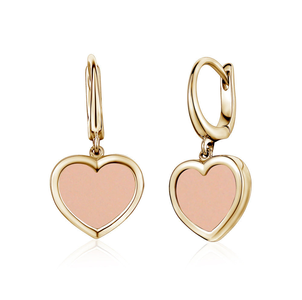 14K Yellow Gold Heart Leverback Earrings Mother of Pearl or Pink for Girls and Women Italy