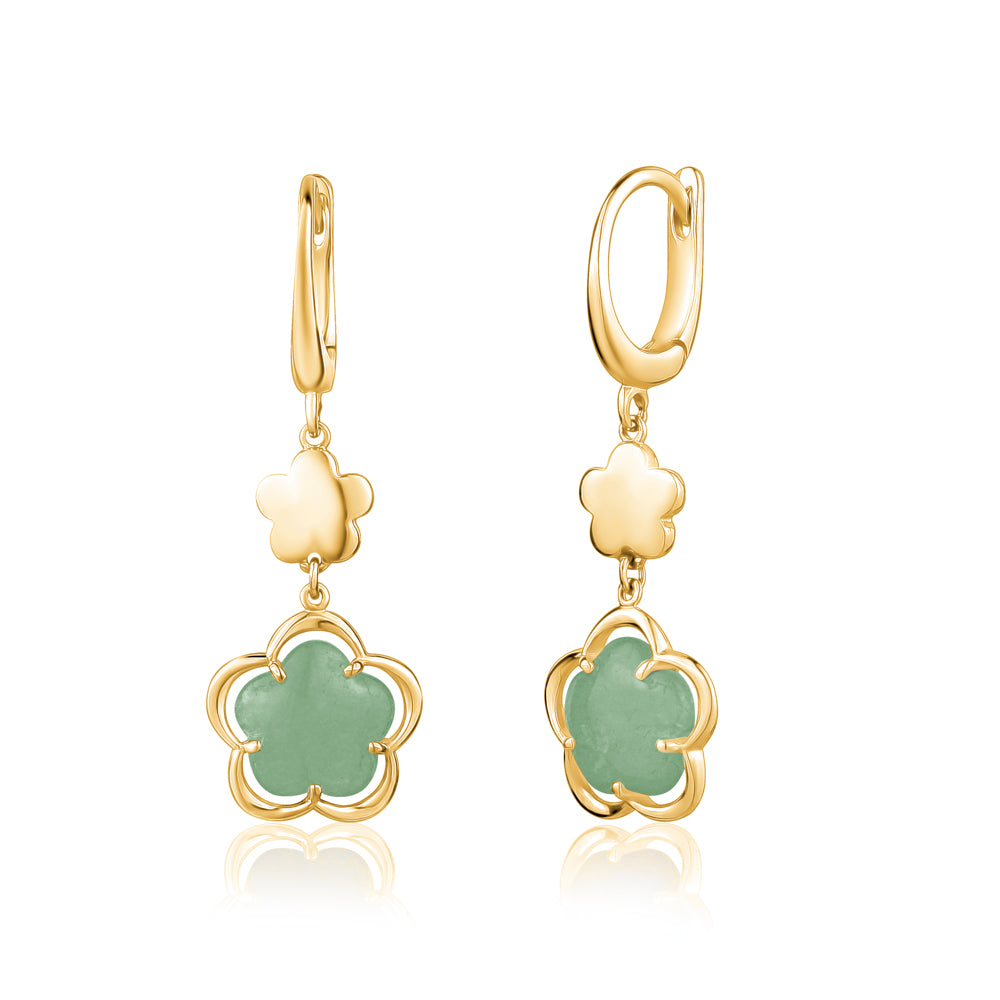14K Yellow Gold Leverback Double Dangle Flower Earrings with Flower Shape Blue Green Pink Italy