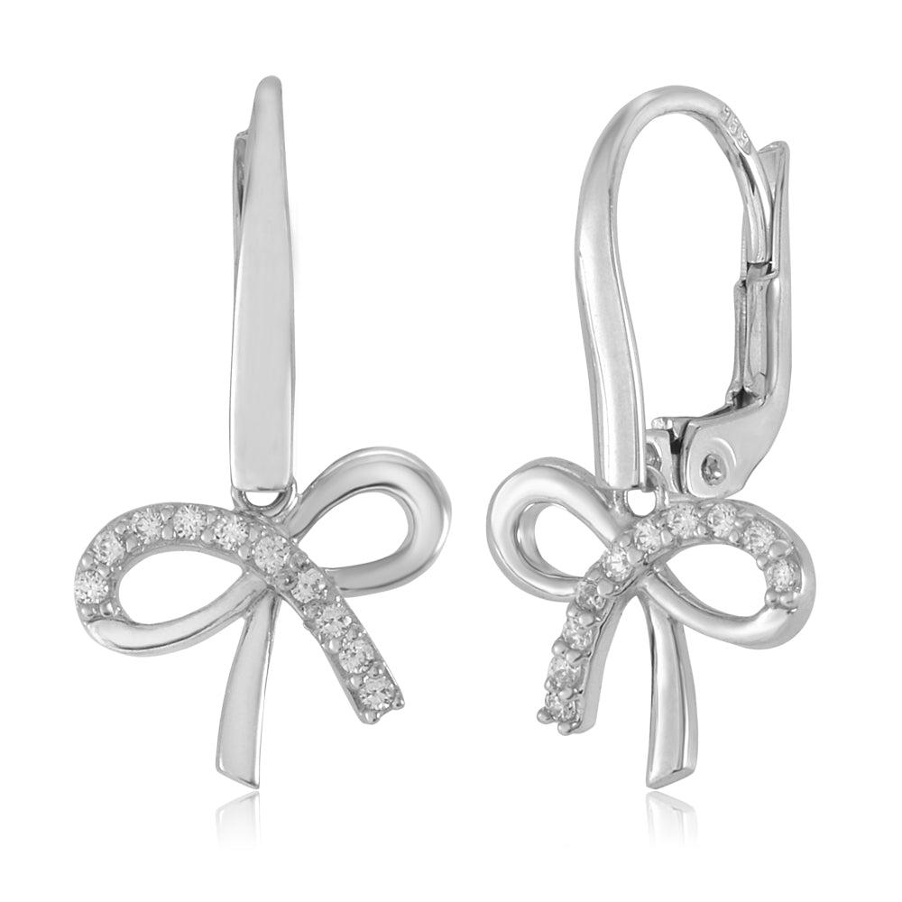 Bow Leverback Earrings in 14K Yellow or White Gold with CZ Pave