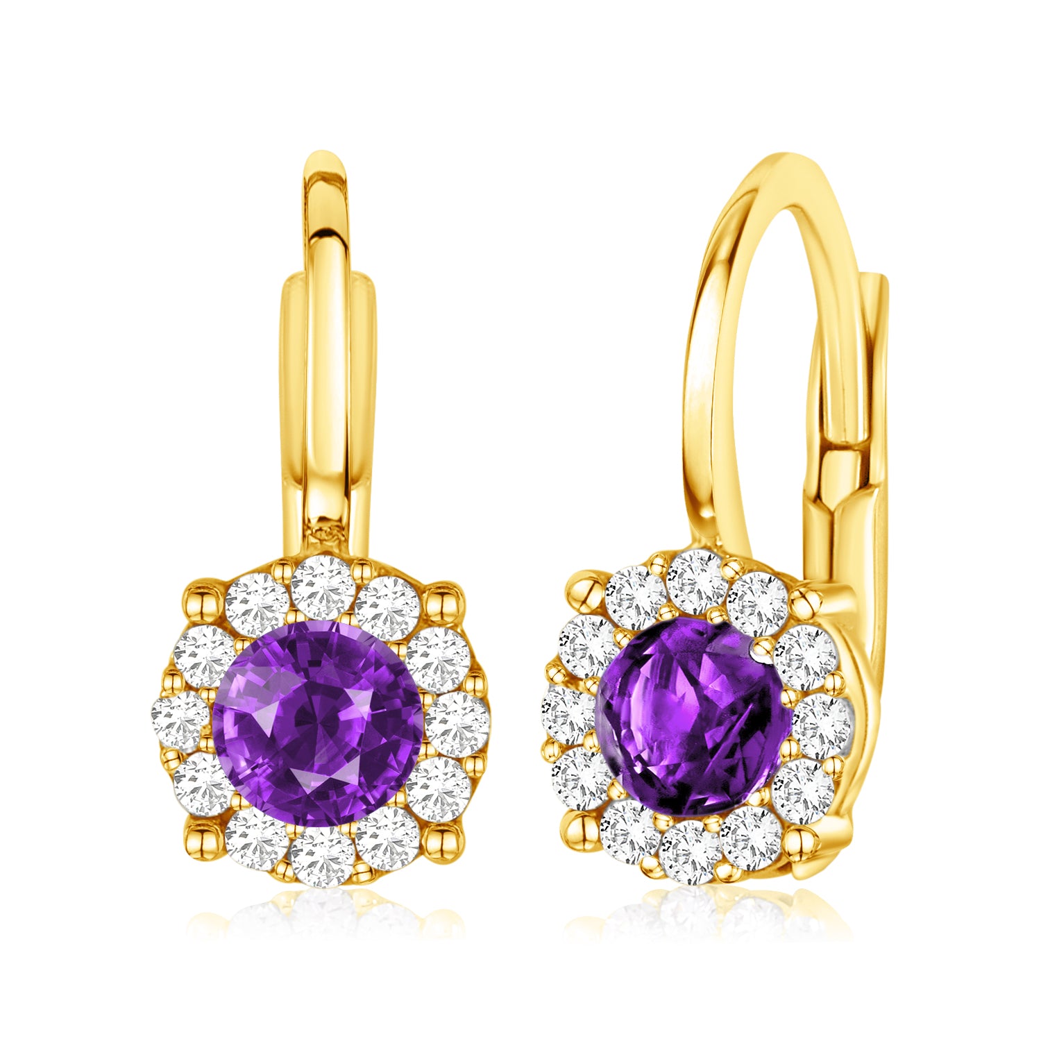 14K Yellow and White Gold Simulated Gemstone Halo Leverback Earrings