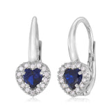 14K White Gold CZ Dark Blue Red and Green Heart Halo Leverback Earrings with Heart Shape Center CZ