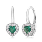 14K White Gold CZ Dark Blue Red and Green Heart Halo Leverback Earrings with Heart Shape Center CZ