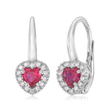 14K White Gold CZ Dark Blue Red and Green Heart Halo Leverback Earrings with Heart Shape Center CZ