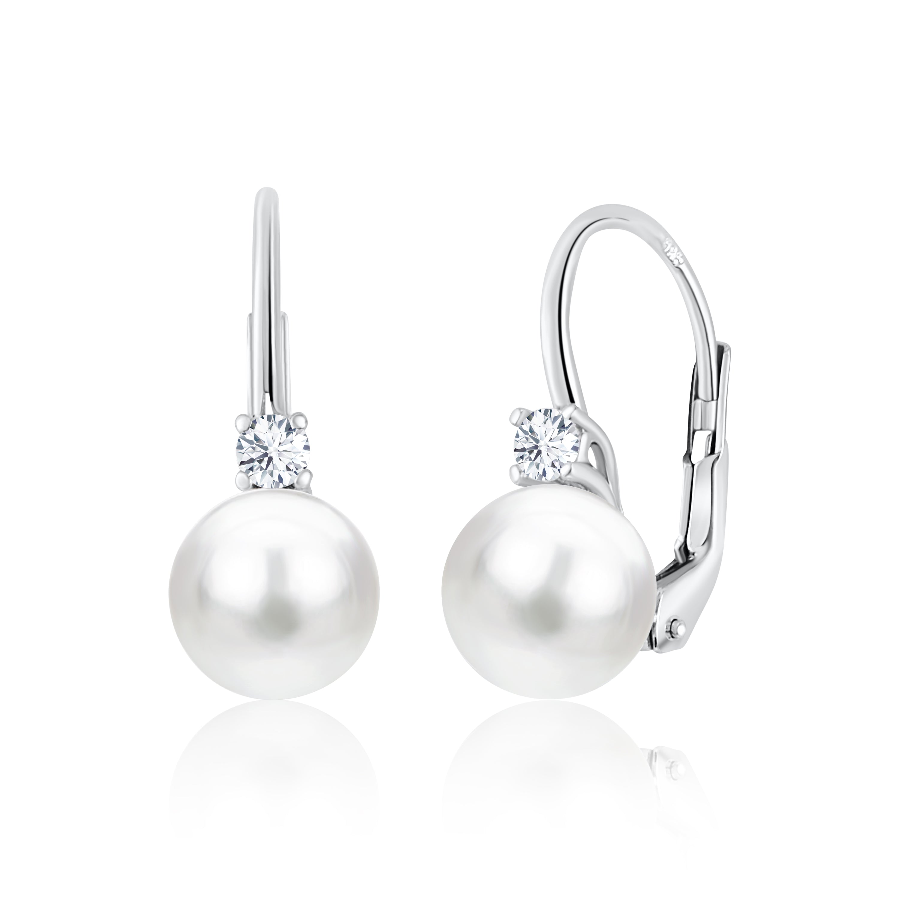 UNICORNJ 14K White Gold Freshwater Cultured Pearl Leverback Earrings with CZ Italy