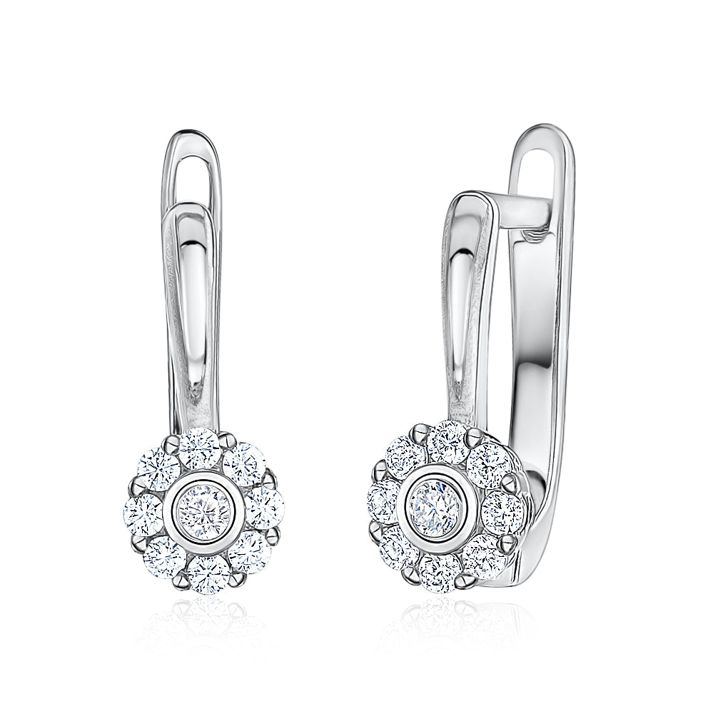 Sterling Silver April Birth Month Leverback Earrings Girls Halo 925 Simulated Diamonds Made in Italy