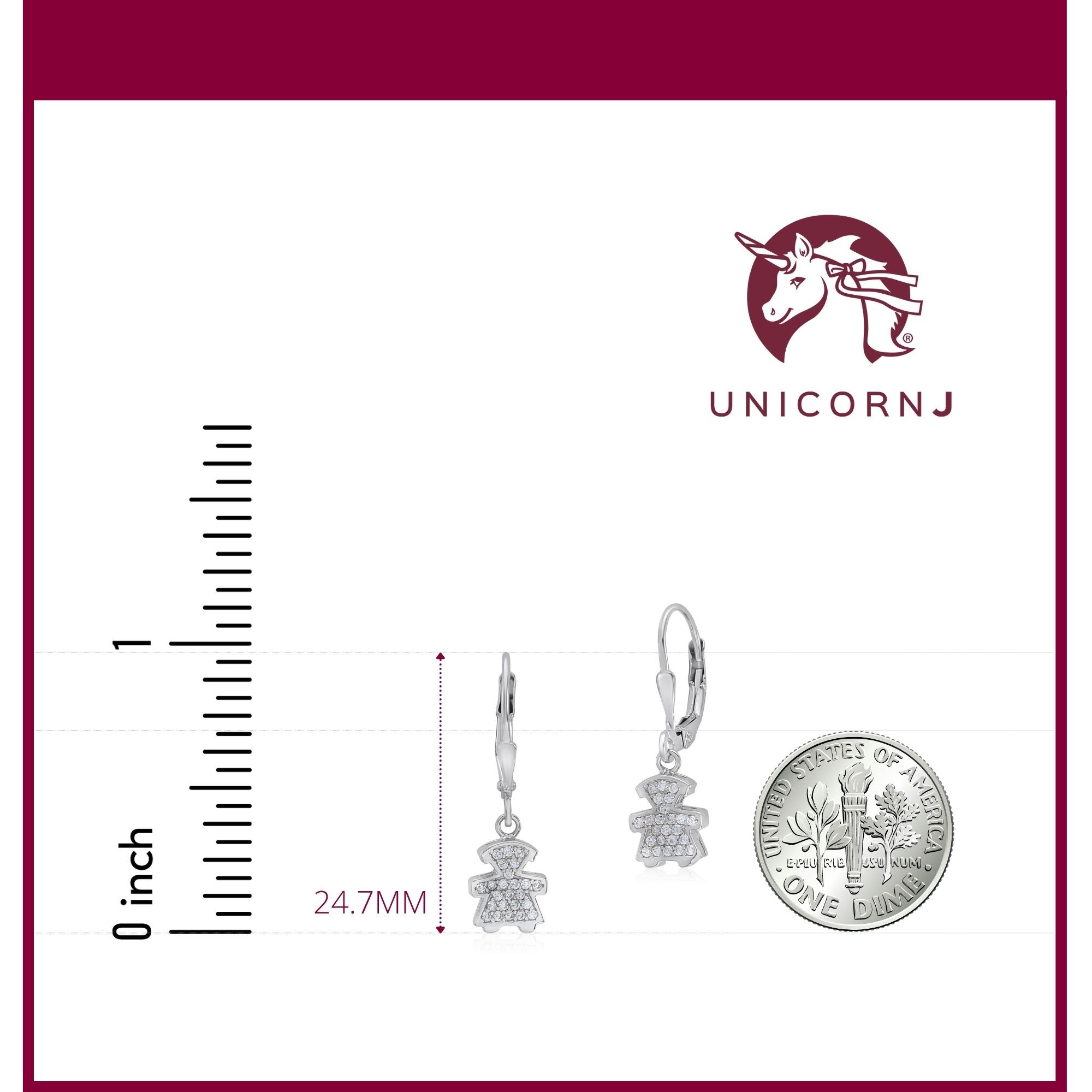 UNICORNJ Sterling Silver 925 Cute Girl Silhouette Charm Dangle Leverback Earrings with Pave or Pink CZ Italy