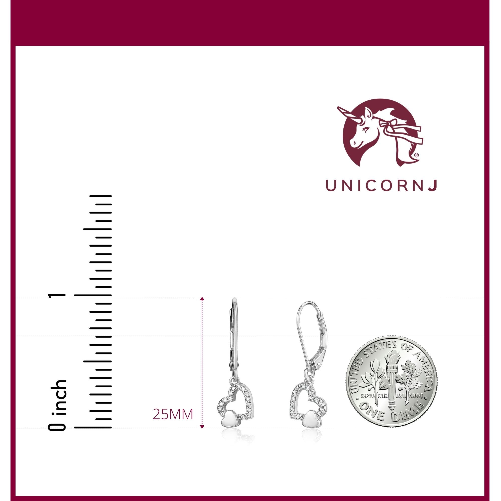 UNICORNJ Sterling Silver 925 Tilted Heart Outline Dangle Leverback Earrings with Pave CZ Italy