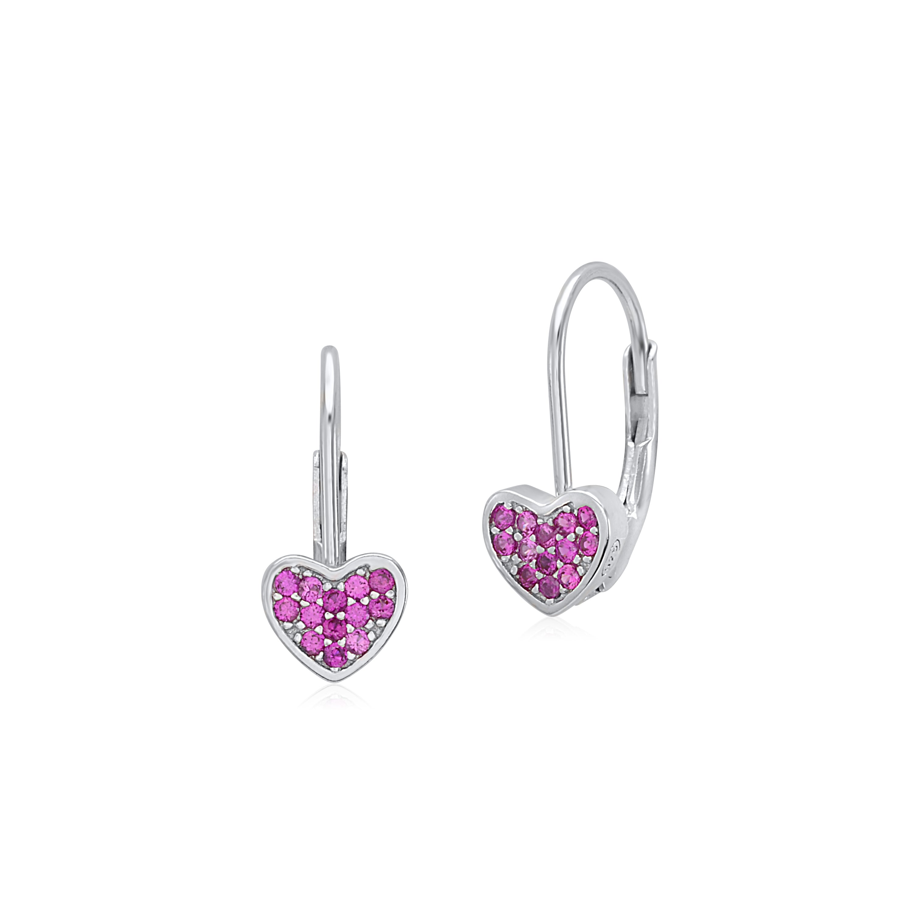 UNICORNJ Sterling Silver 925 or Dark Pink Kids Small Fixed Heart Leverback Earrings with Pave CZ Italy