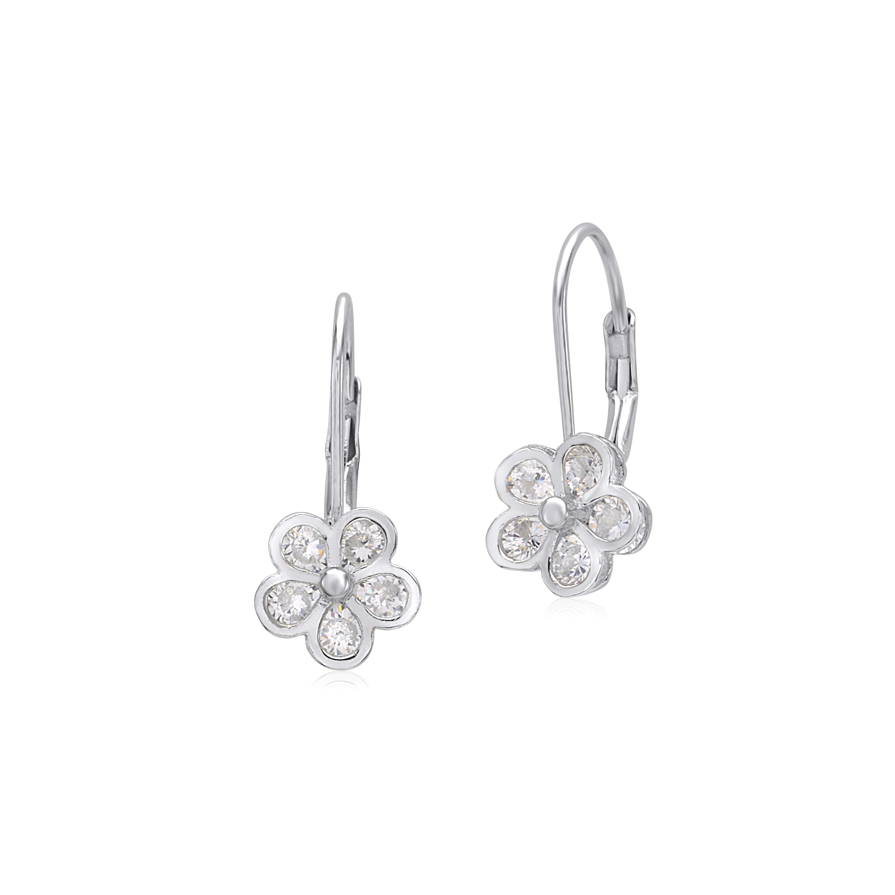 Sterling Silver 925 Leverback Earrings 5 Petal Flower with Cubic Zirconia Italy