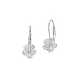 Sterling Silver 925 Leverback Earrings 5 Petal Flower with Cubic Zirconia Italy