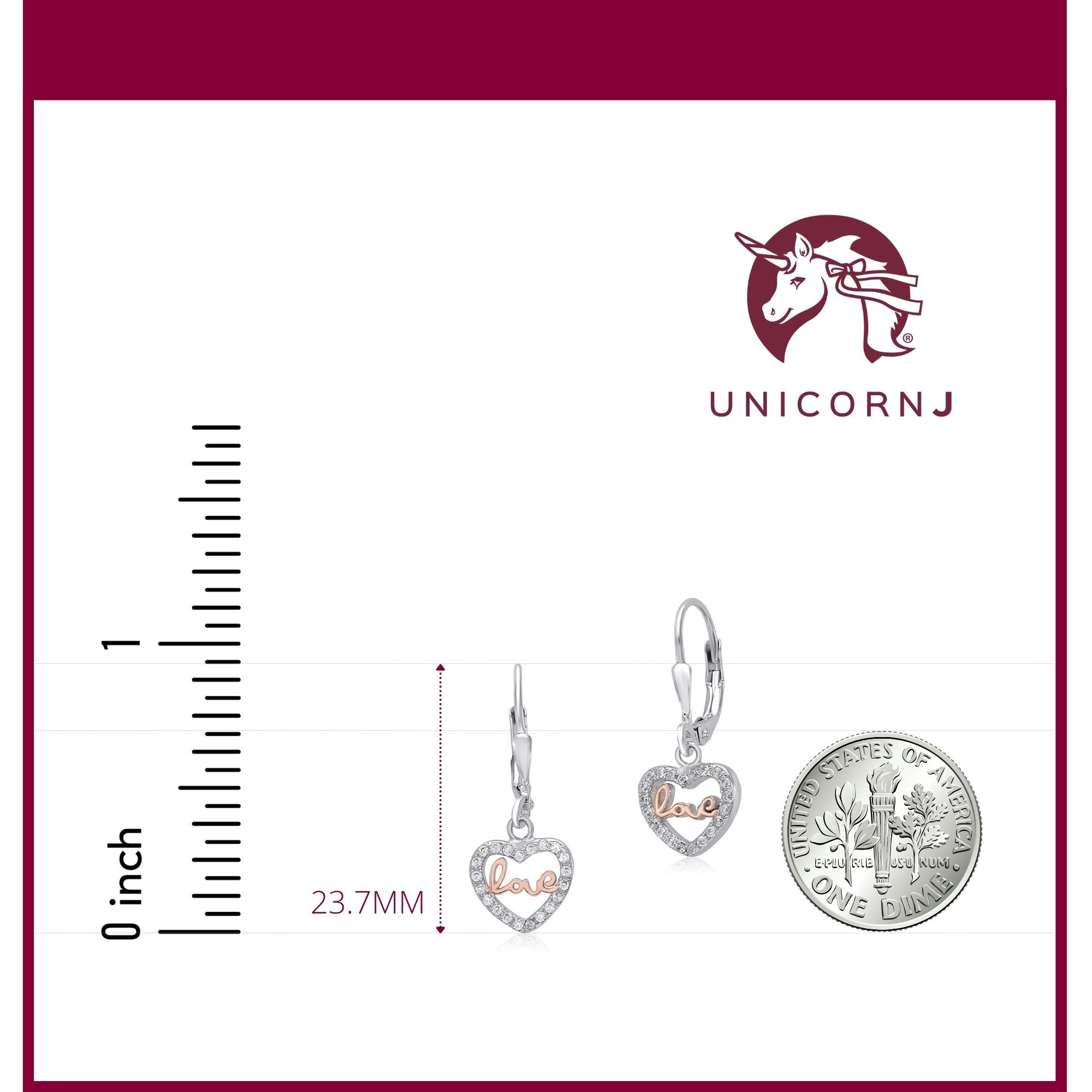 Sterling Silver 925 Dangle Leverback Earrings Heart Outline with CZ's and Love Letters Italy