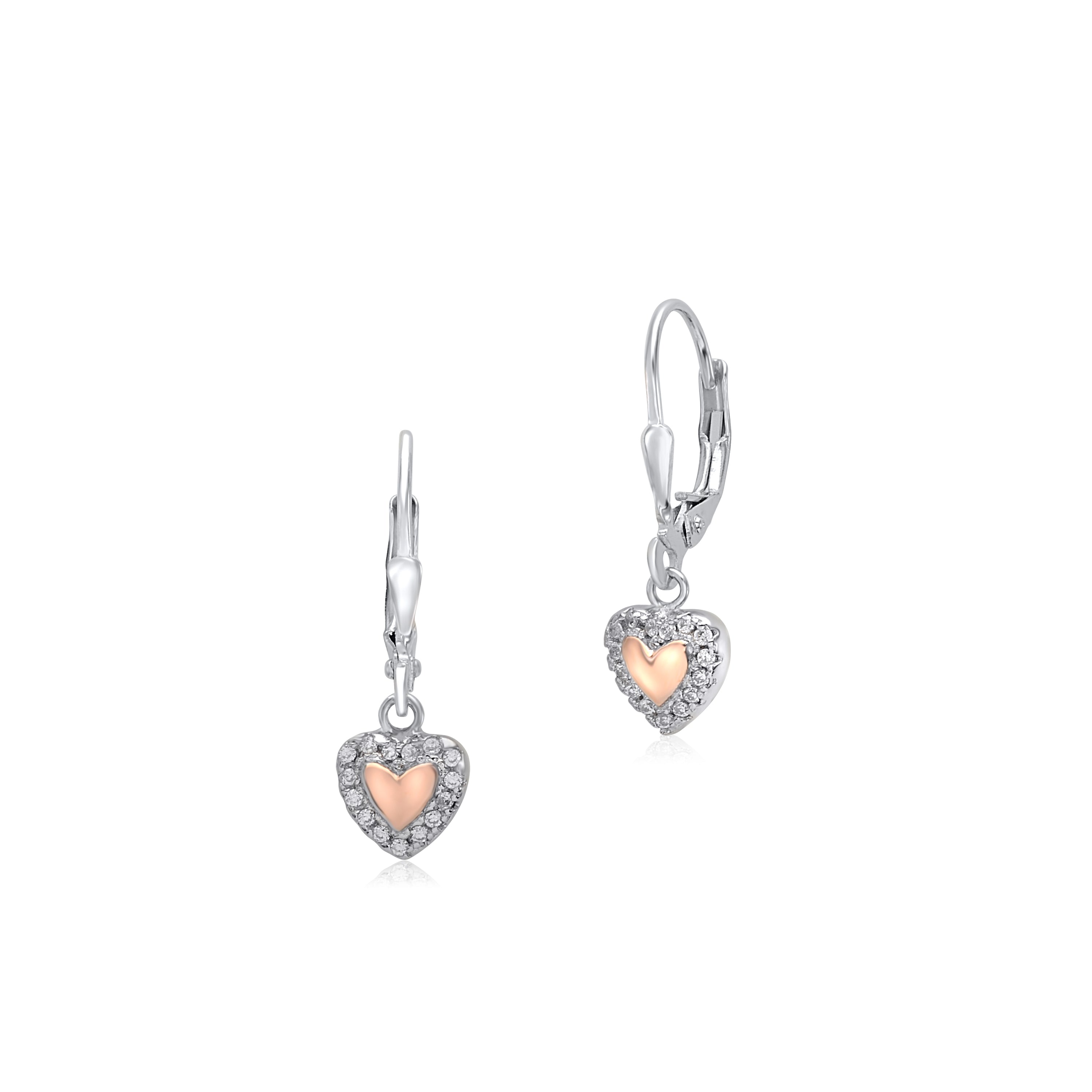 Sterling Silver 925 Heart in Heart Dangle Leverback Earrings with Pave Cubic Zirconia Italy
