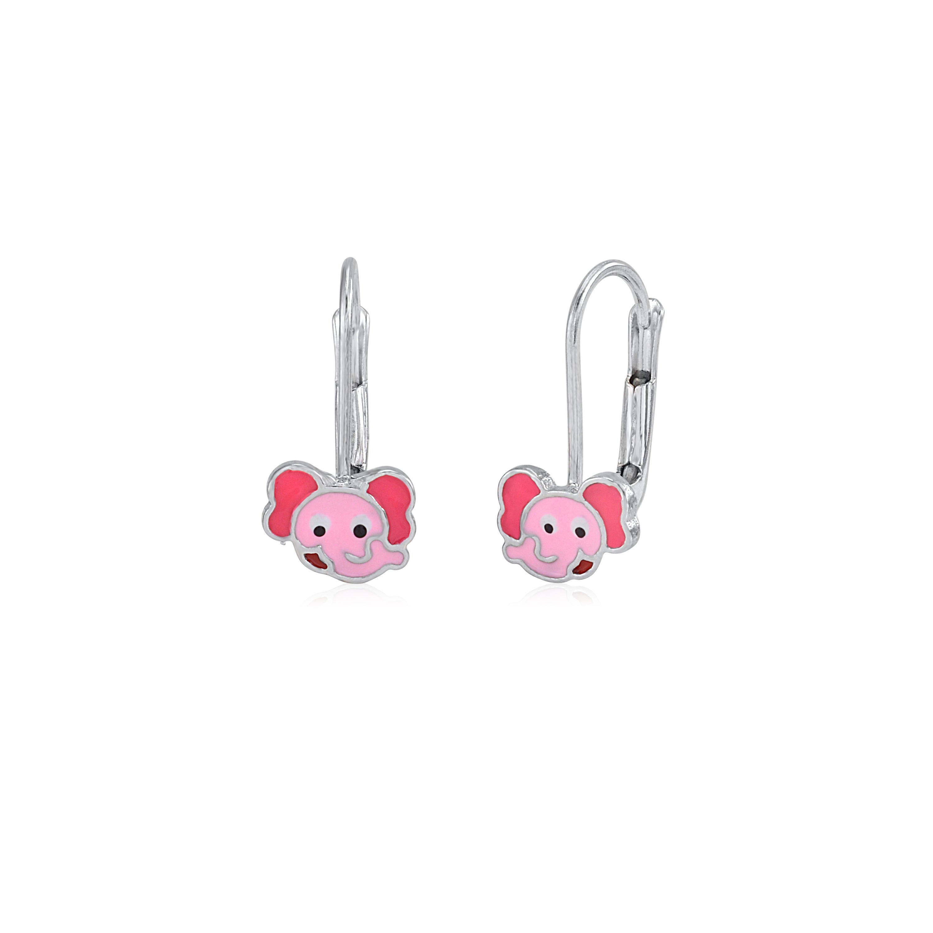 Childrens Sterling Silver 925 Cute Elephant Earrings Leverback with Pink Enamel
