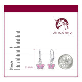 UNICORNJ Childrens Sterling Silver 925 Butterfly Leverback Earrings Dangle with Pink Enamel