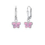 UNICORNJ Childrens Sterling Silver 925 Butterfly Leverback Earrings Dangle with Pink Enamel