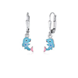 Childrens Sterling Silver 925 Cute Dolphin Earrings Leverback Dangle with Blue or Pink Enamel