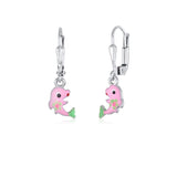 Childrens Sterling Silver 925 Cute Dolphin Earrings Leverback Dangle with Blue or Pink Enamel
