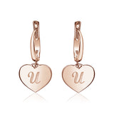 Sterling Silver Rose Gold Plated Girls Heart Dangle Leverback Earrings Initial Engraved Letters A-Z