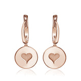 Sterling Silver Rose Gold Plated Girls Round Disc Dangle Leverback Earrings with Engraved Heart